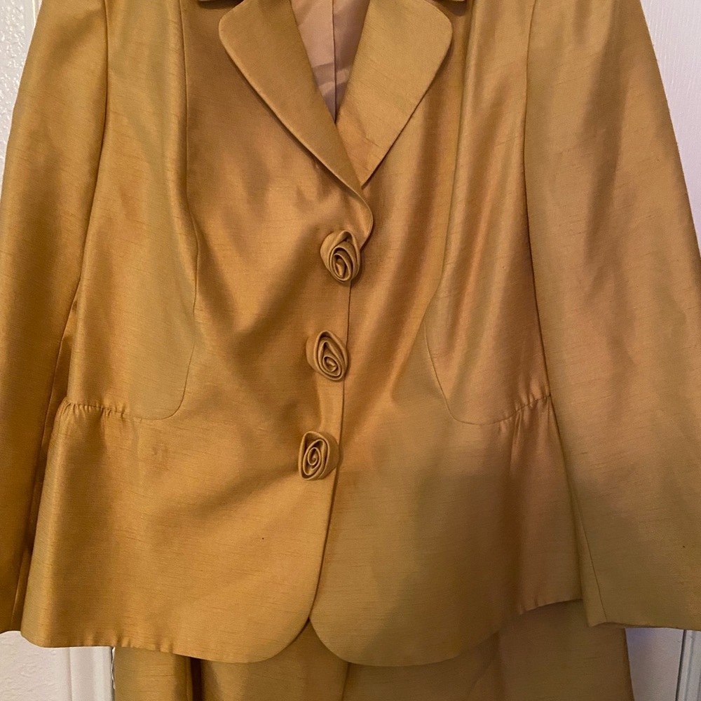 Gold colored 2 piece suit,100%Polyester but easily looks like silk.